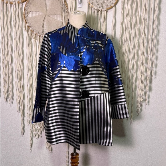 IC by Connie K Striped Floral Jacket in Silver Black and Bright Blue L - Picture 2 of 11
